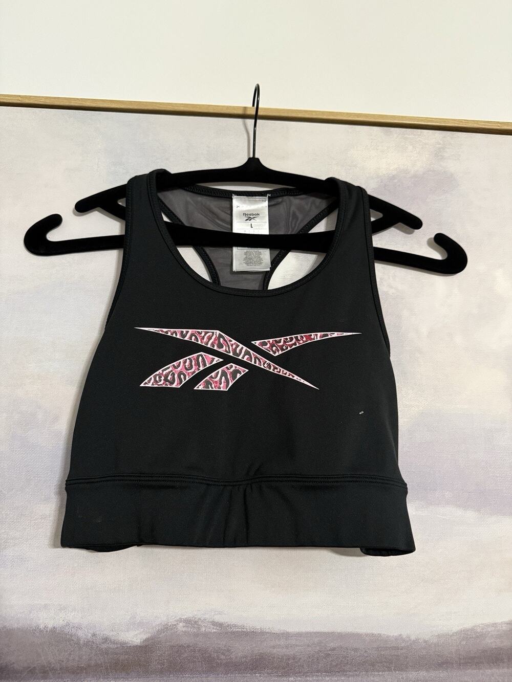 Reebok Sports Bra Mesh Racerback Black/Pink Logo Low Impact Women’s Large